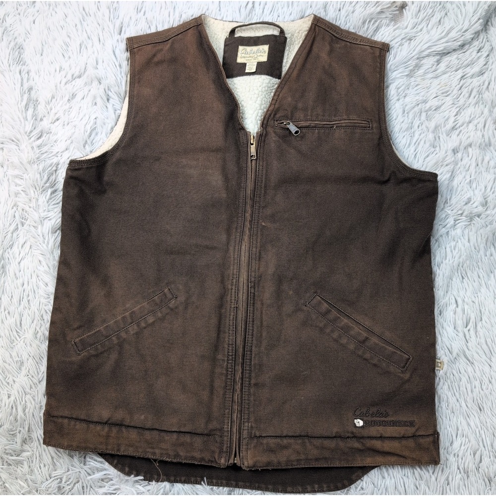 Cabela's Vest Mens M Tall Brown Roughneck Fleece Lined Canvas Work Chore Zip Up